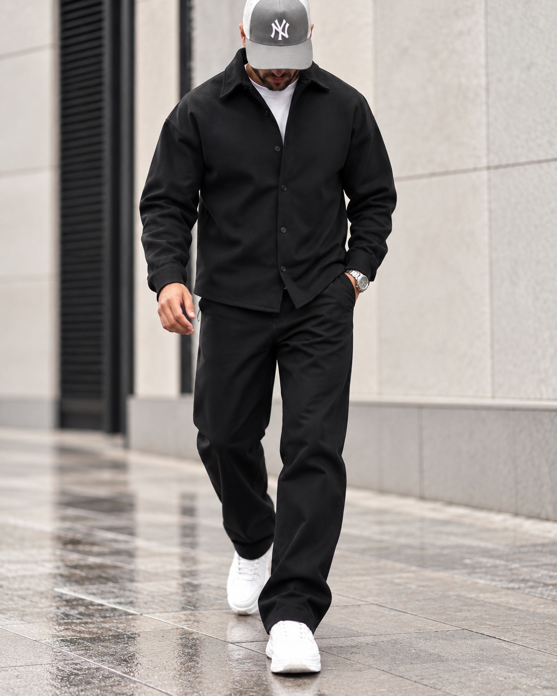 Black Button-Up Overshirt Set 1