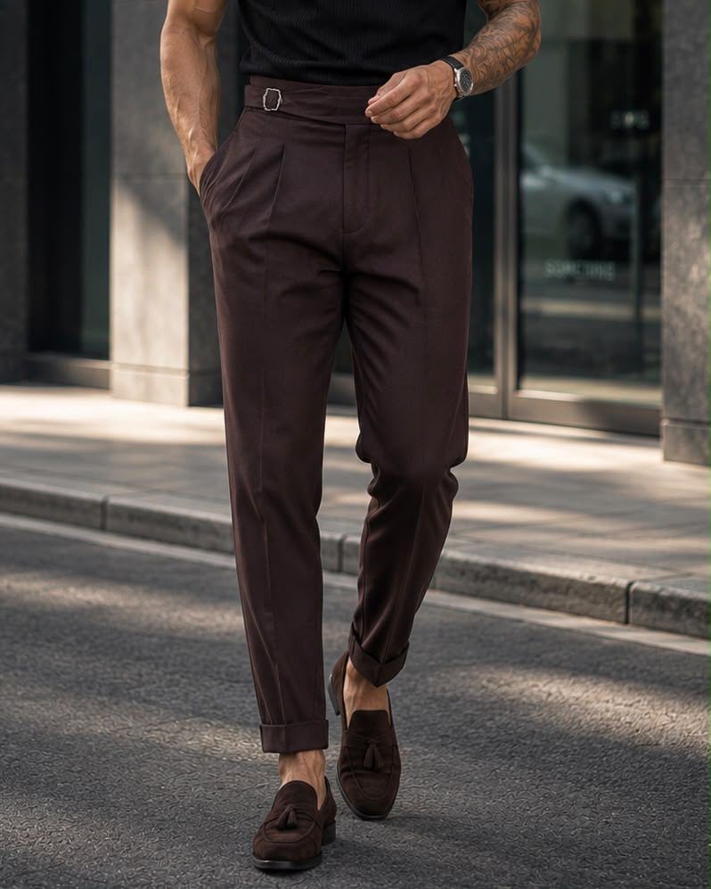 Double Pleat Side Adjuster Trousers – Chocolate Brown gallery.thumbnail 2