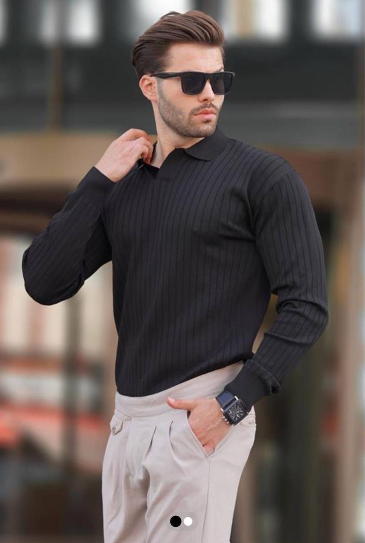 Black Ribbed Polo Sweater gallery.thumbnail 1