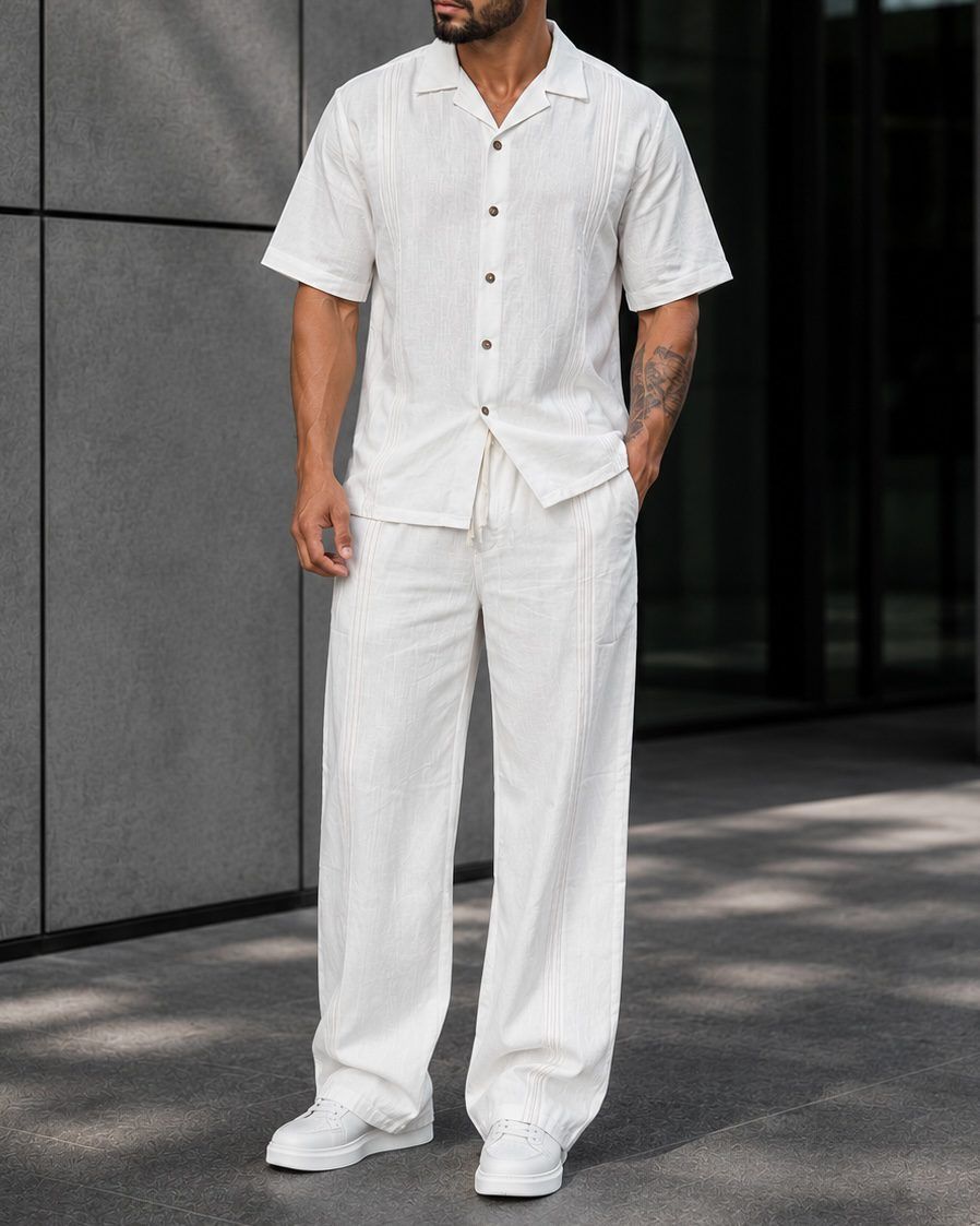 Contrast Stitch Linen Set - White gallery.thumbnail 2