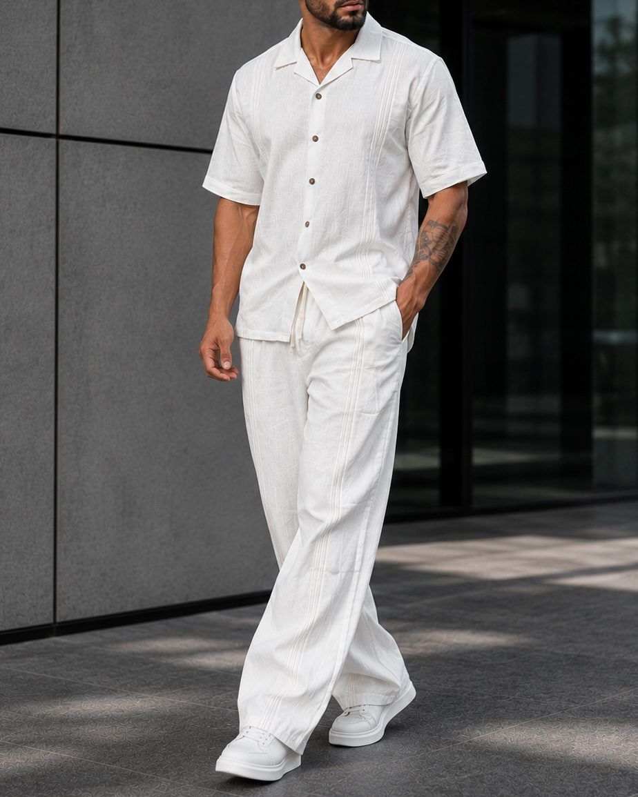 Contrast Stitch Linen Set - White gallery.thumbnail 3