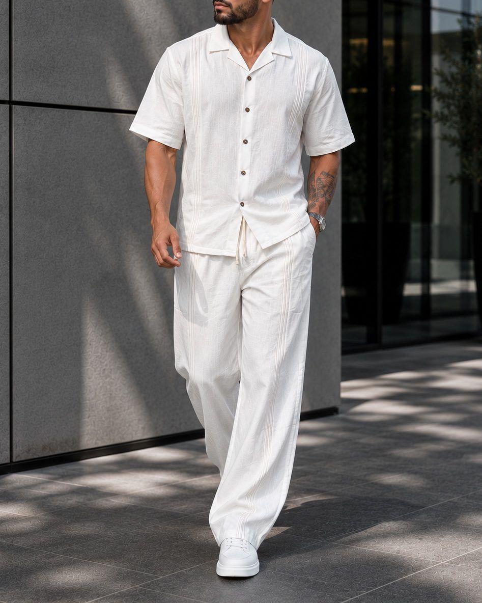 Contrast Stitch Linen Set - White gallery.thumbnail 4