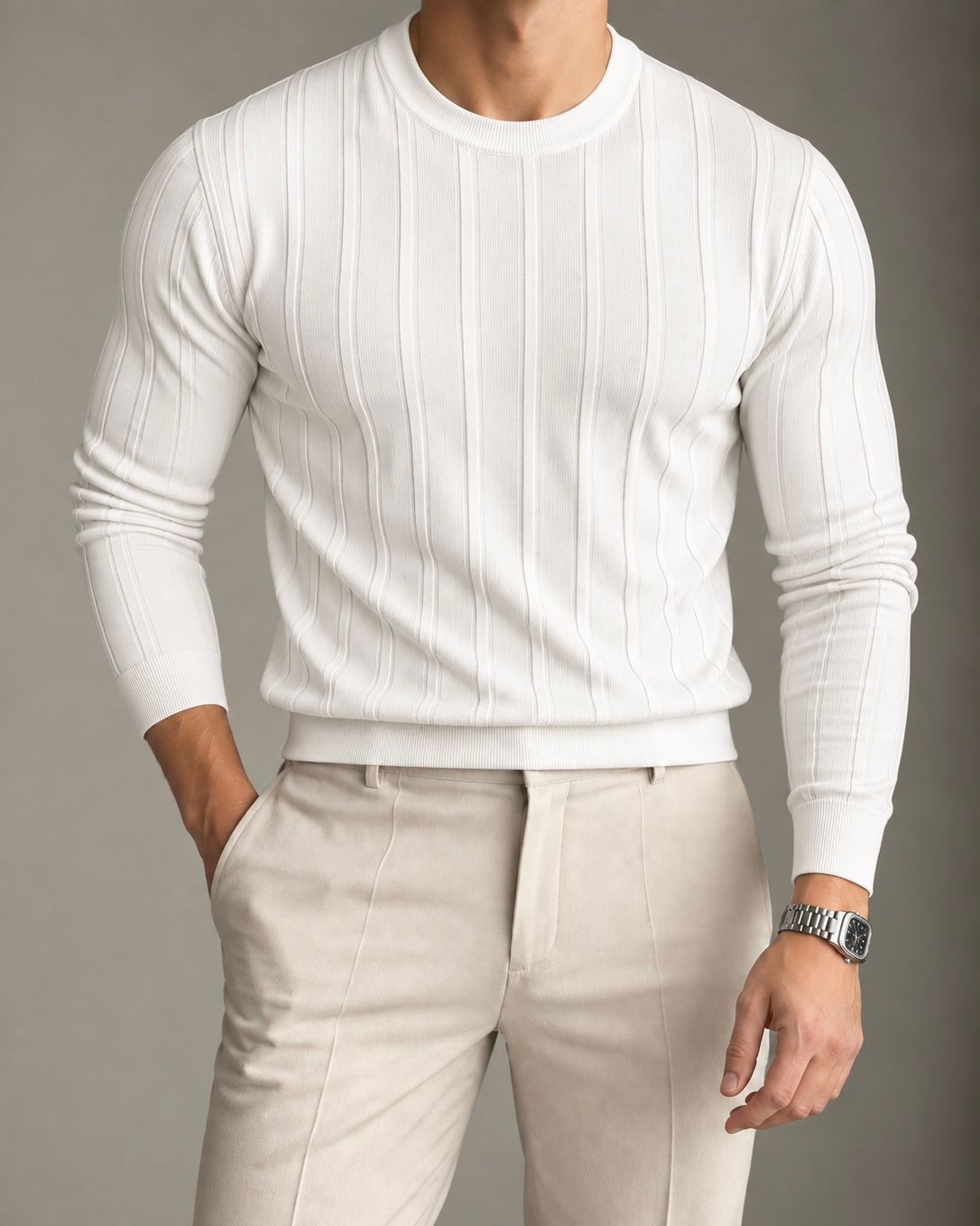 White Ribbed Crewneck Knit Sweater gallery.thumbnail 1