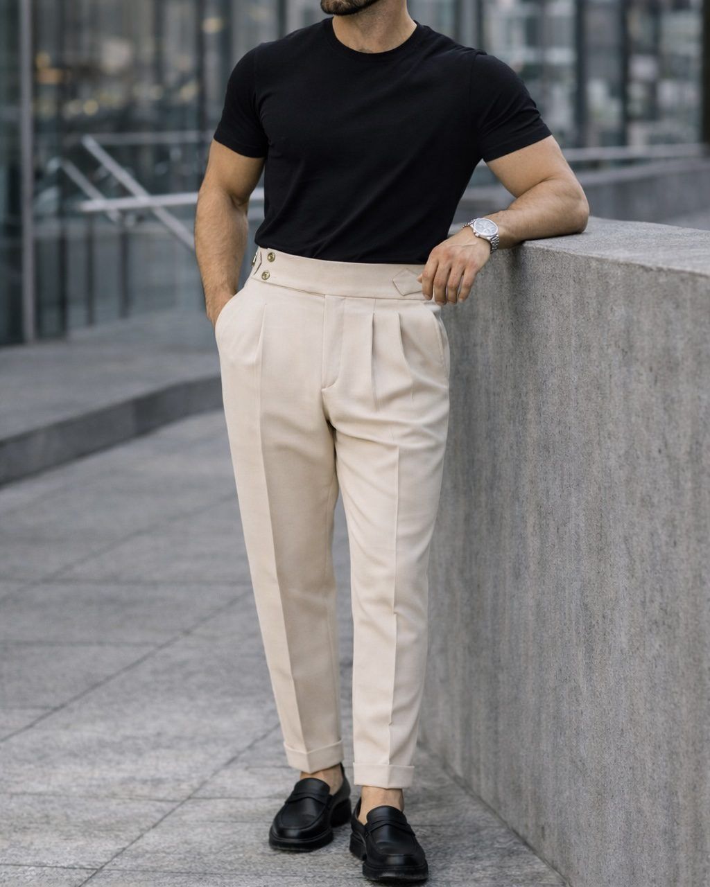 Double Pleat Side Adjuster Trousers – Beige gallery.thumbnail 2