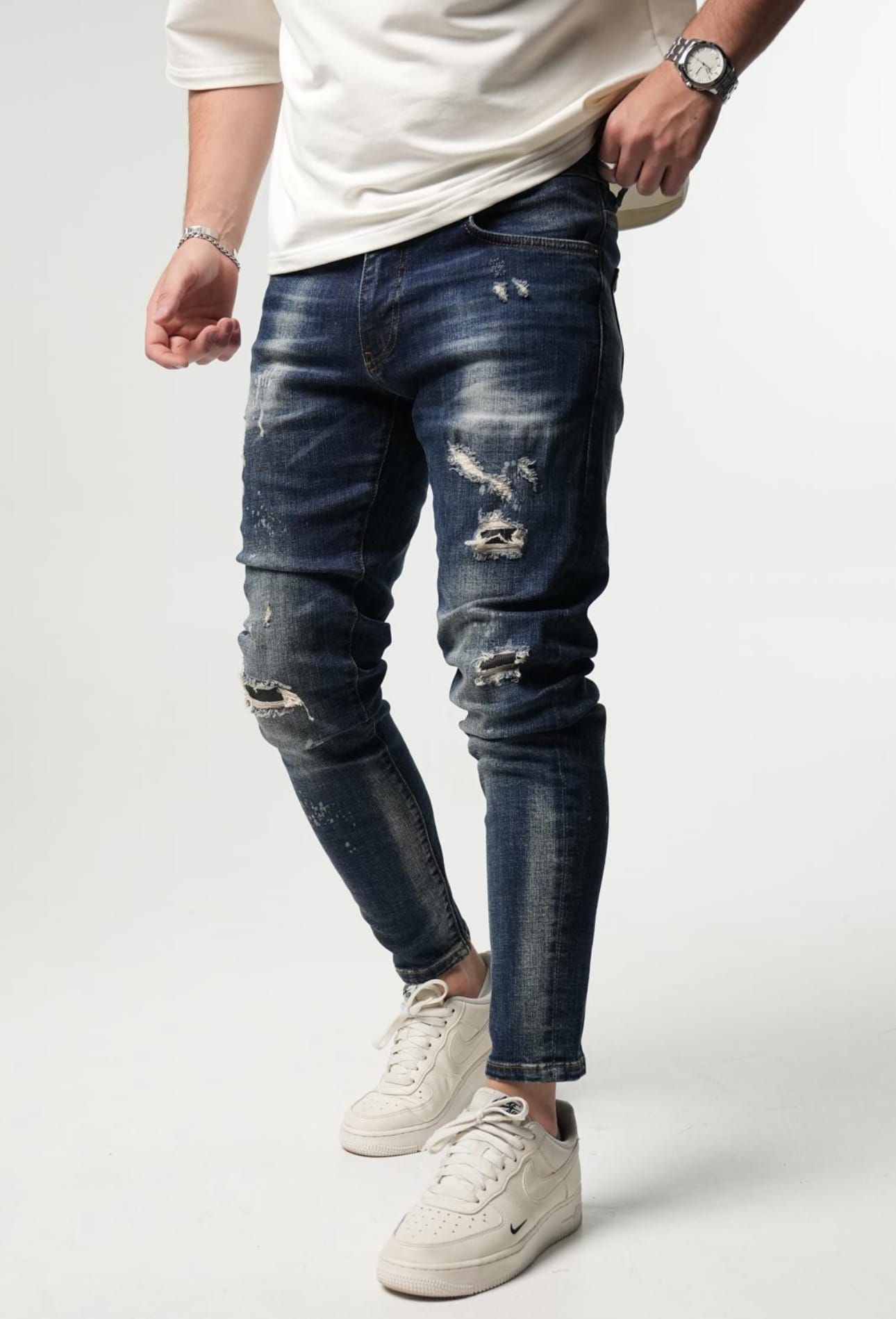 Dark Blue Distressed Skinny Stretch Jeans gallery.thumbnail 2