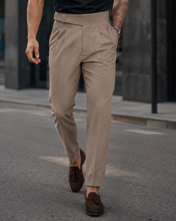 Double Pleat Side Adjuster Trousers – Taupe