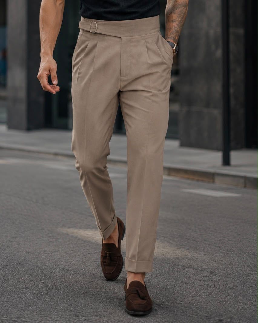 Double Pleat Side Adjuster Trousers – Taupe 1