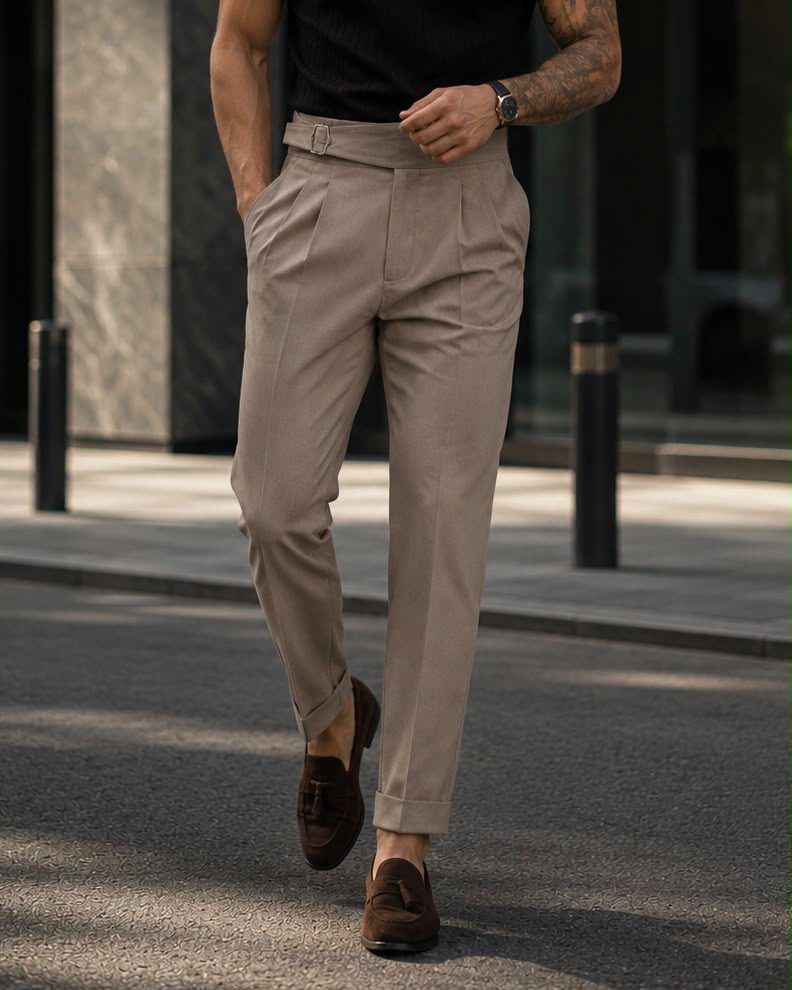 Double Pleat Side Adjuster Trousers – Taupe gallery.thumbnail 2