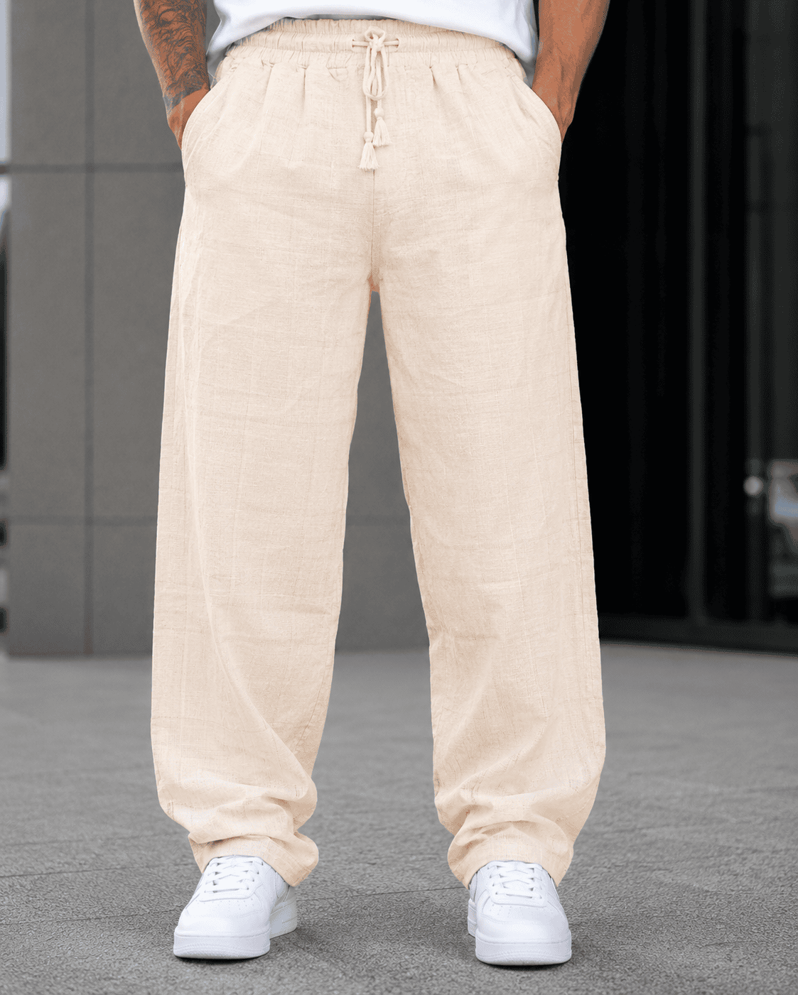 Linen Drawstring Trousers - Beige gallery.thumbnail 1