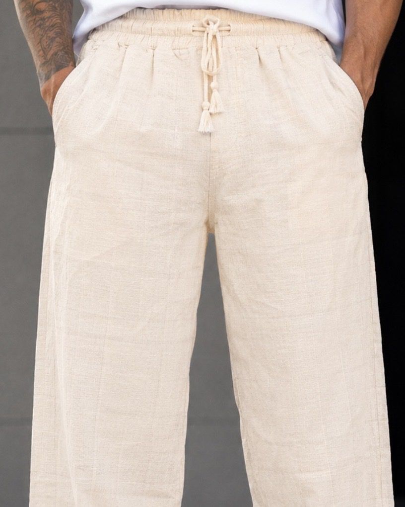 Linen Drawstring Trousers - Beige gallery.thumbnail 2