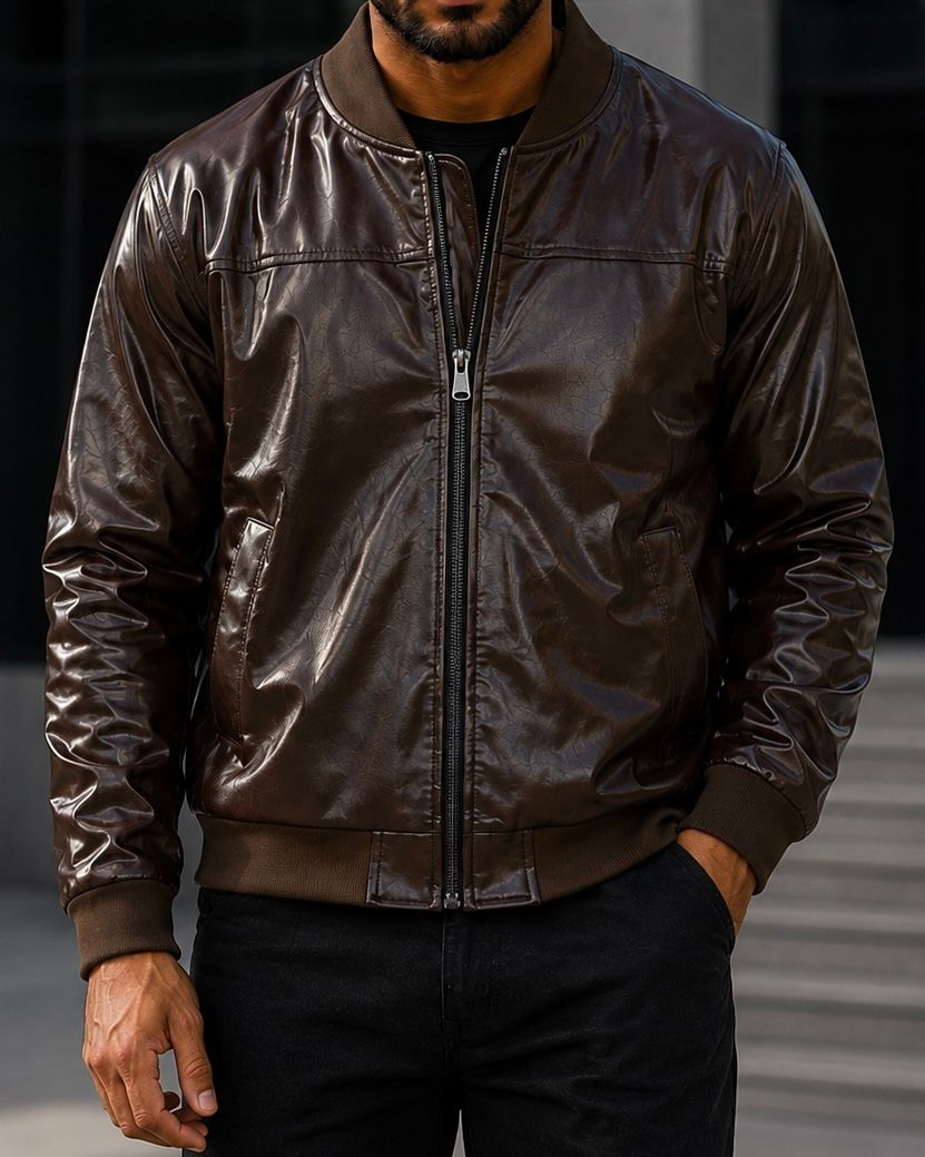 Brown Glossy Bomber Jacket gallery.thumbnail 1