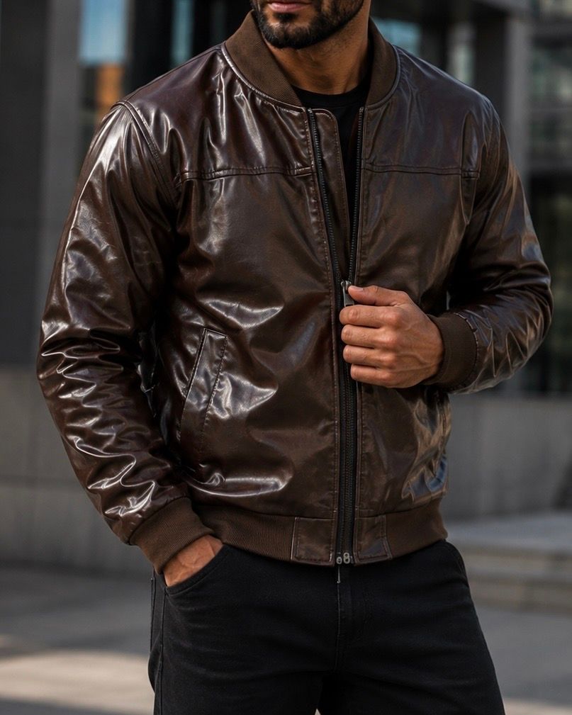 Brown Glossy Bomber Jacket gallery.thumbnail 2