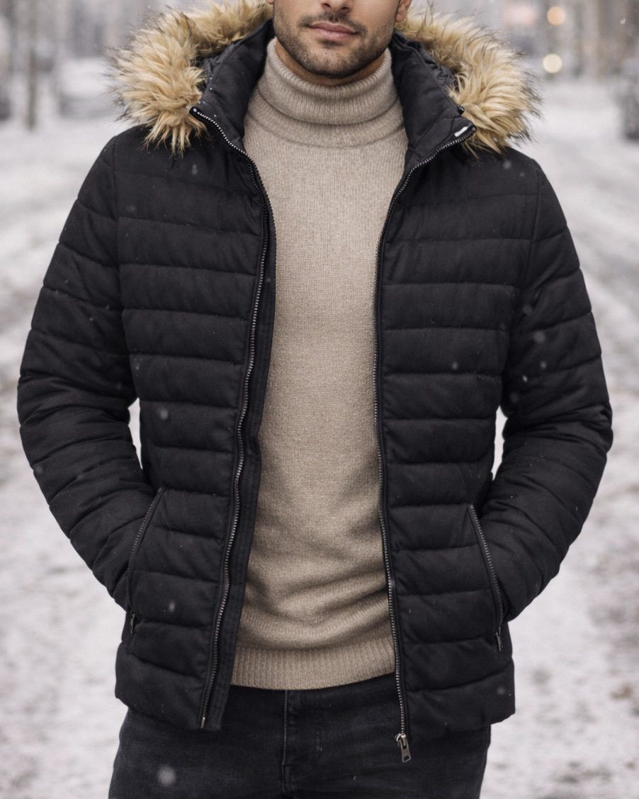 Black Hooded Puffer Jacket with Faux Fur Trim gallery.thumbnail 2
