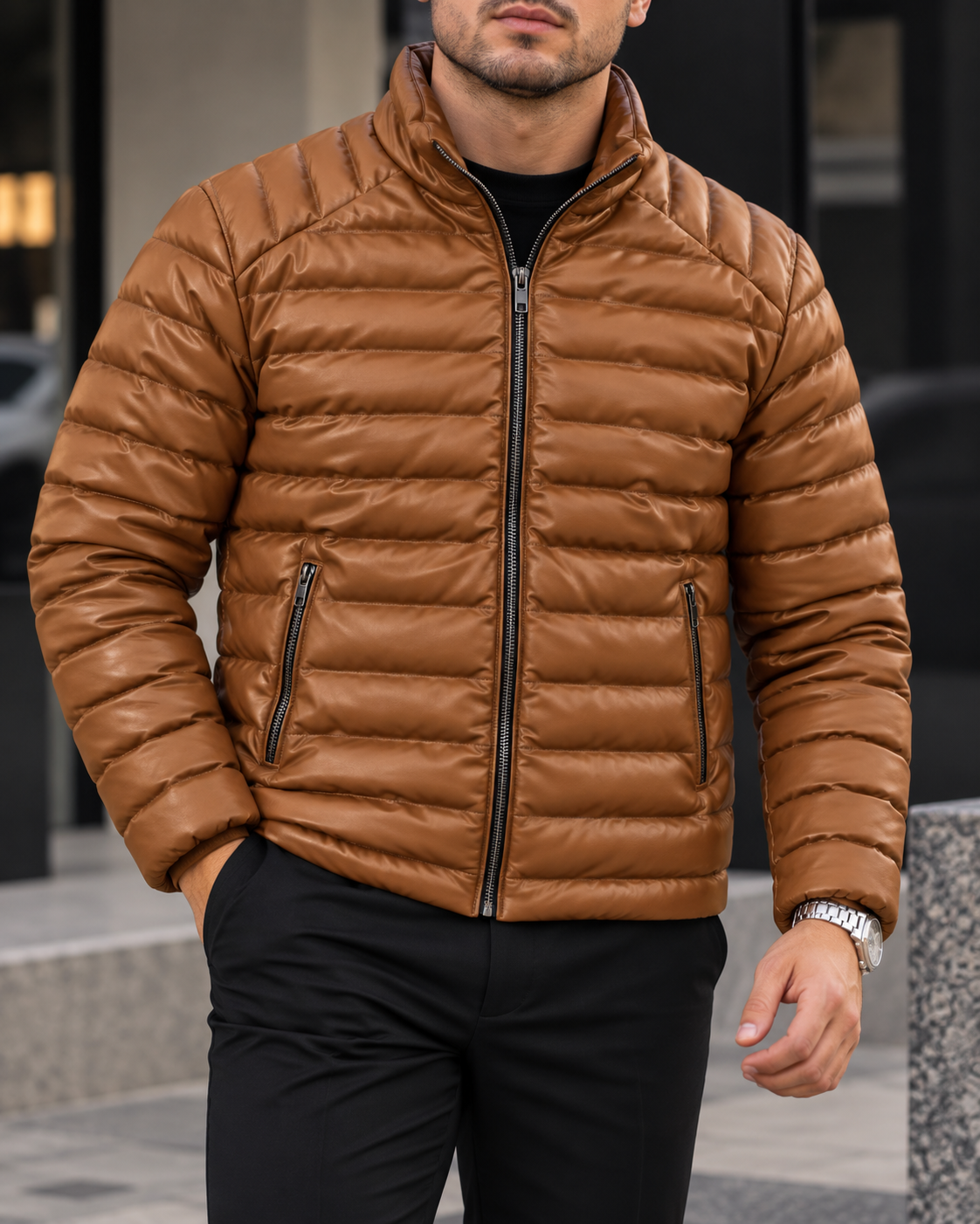 Brown Horizontal Quilted Jacket. gallery.thumbnail 1