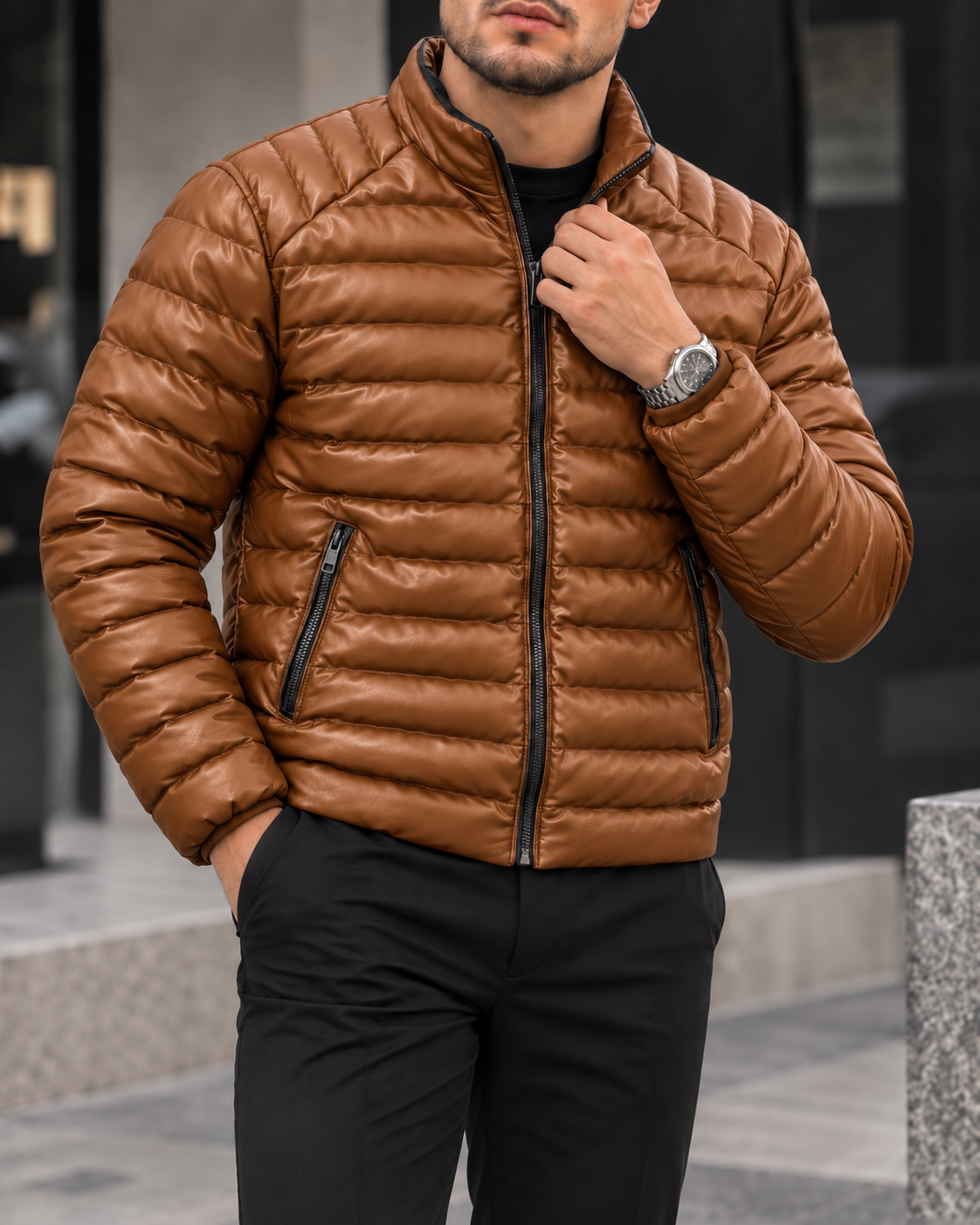 Brown Horizontal Quilted Jacket. gallery.thumbnail 3