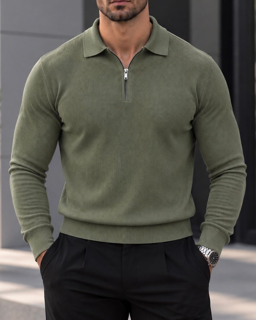 RIBBED HALF-ZIP LONG-SLEEVE POLO – OLIVE  gallery.thumbnail 1