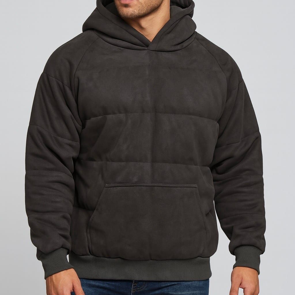 Suede Effect Padded Hoodie – Black gallery.thumbnail 1