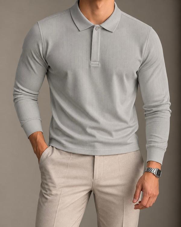 Grey Ribbed Long Sleeve Polo