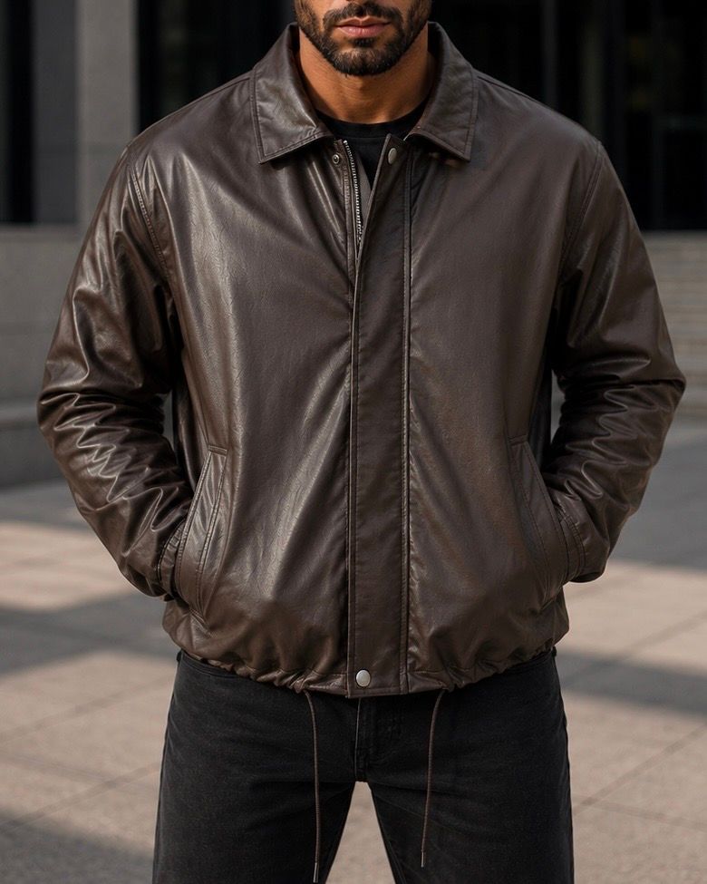 Dark Brown Faux Leather Zip Jacket gallery.thumbnail 1