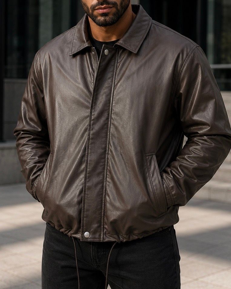 Dark Brown Faux Leather Zip Jacket gallery.thumbnail 2