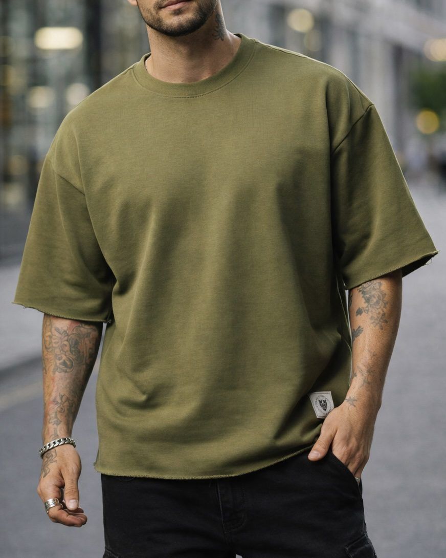 Oversized Raw Edge T-Shirt – Olive gallery.thumbnail 1