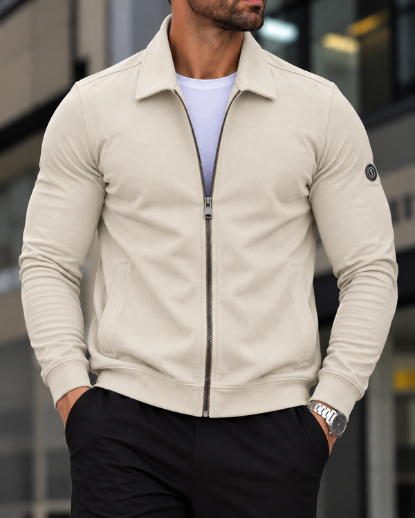 Beige Collared Zip Sweatshirt