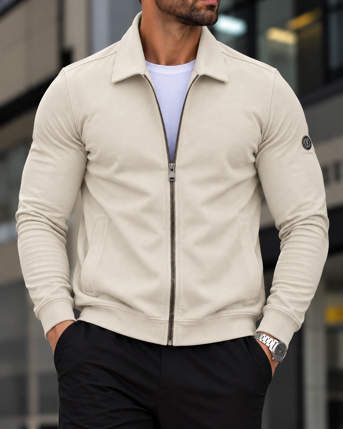 Beige Collared Zip Sweatshirt 1