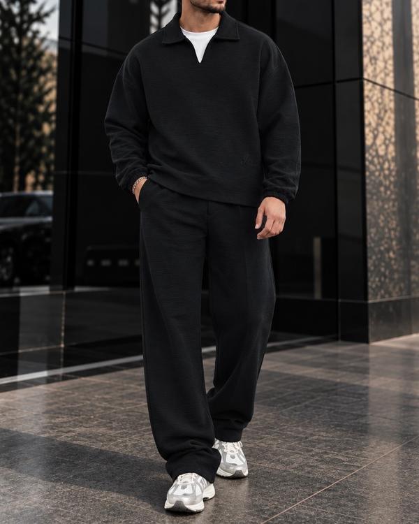 Black Textured Open-Collar Set