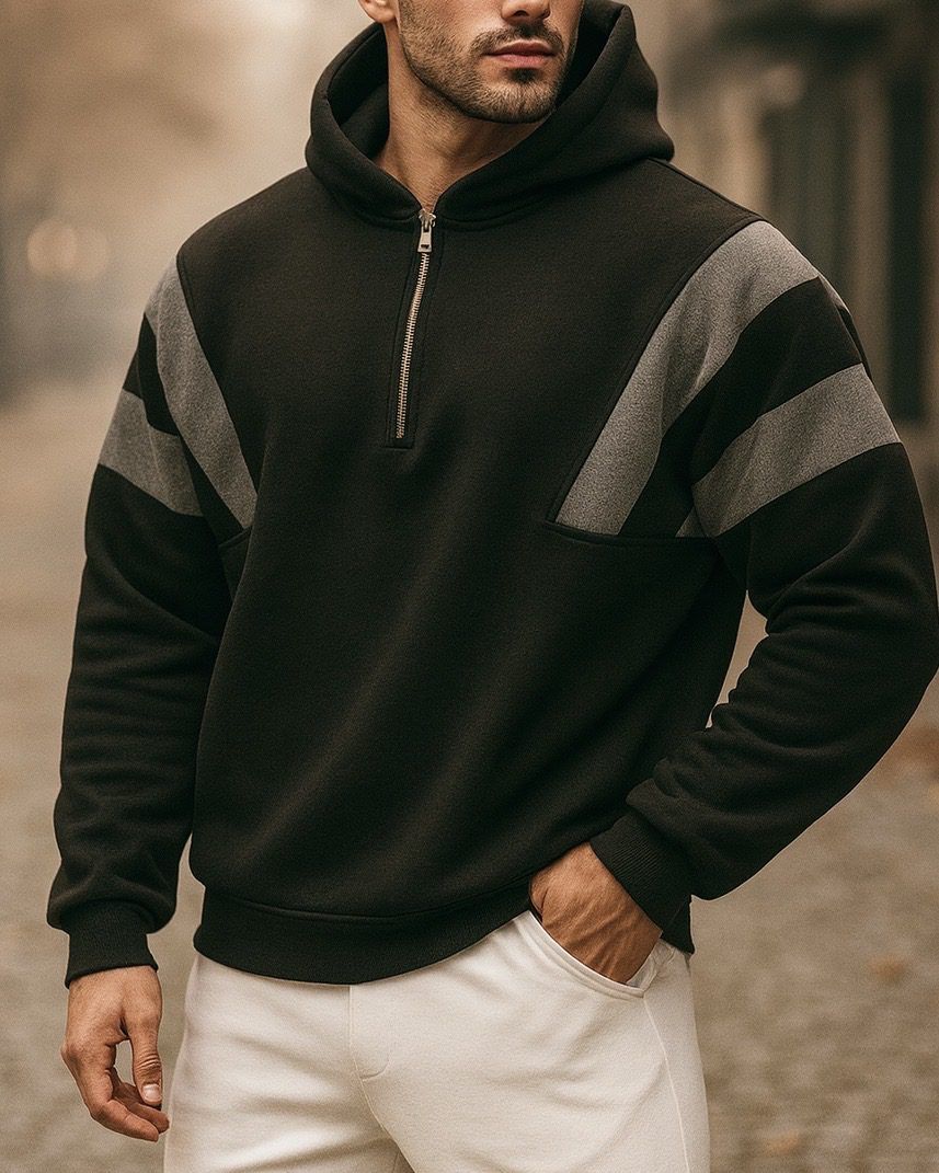 BLACK HALF-ZIP HOODIE WITH STRIPED SLEEVES gallery.thumbnail 1