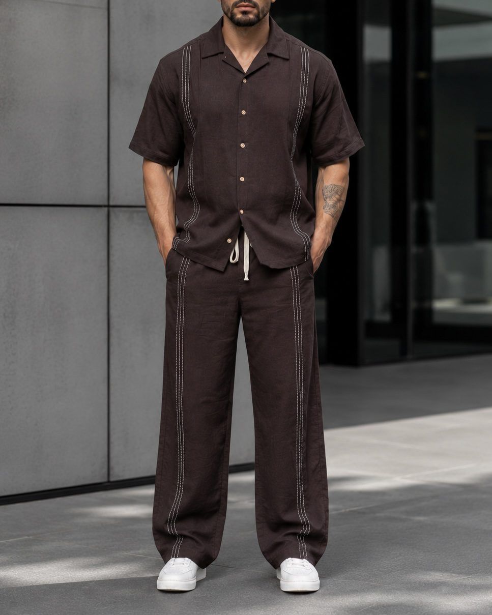 Contrast Stitch Linen Set - Brown gallery.thumbnail 1