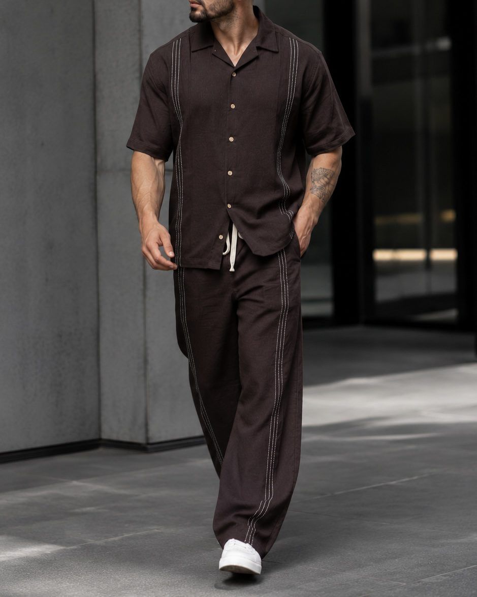 Contrast Stitch Linen Set - Brown gallery.thumbnail 2