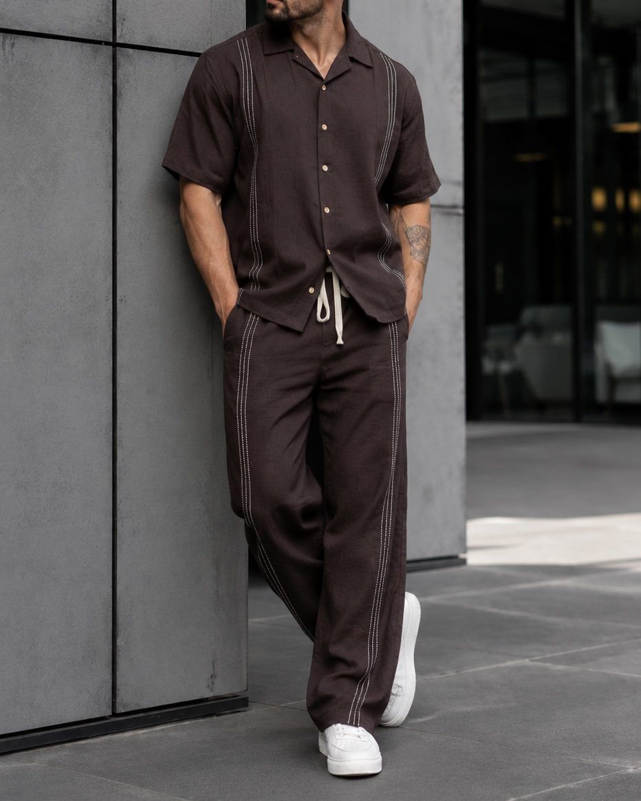 Contrast Stitch Linen Set - Brown gallery.thumbnail 3