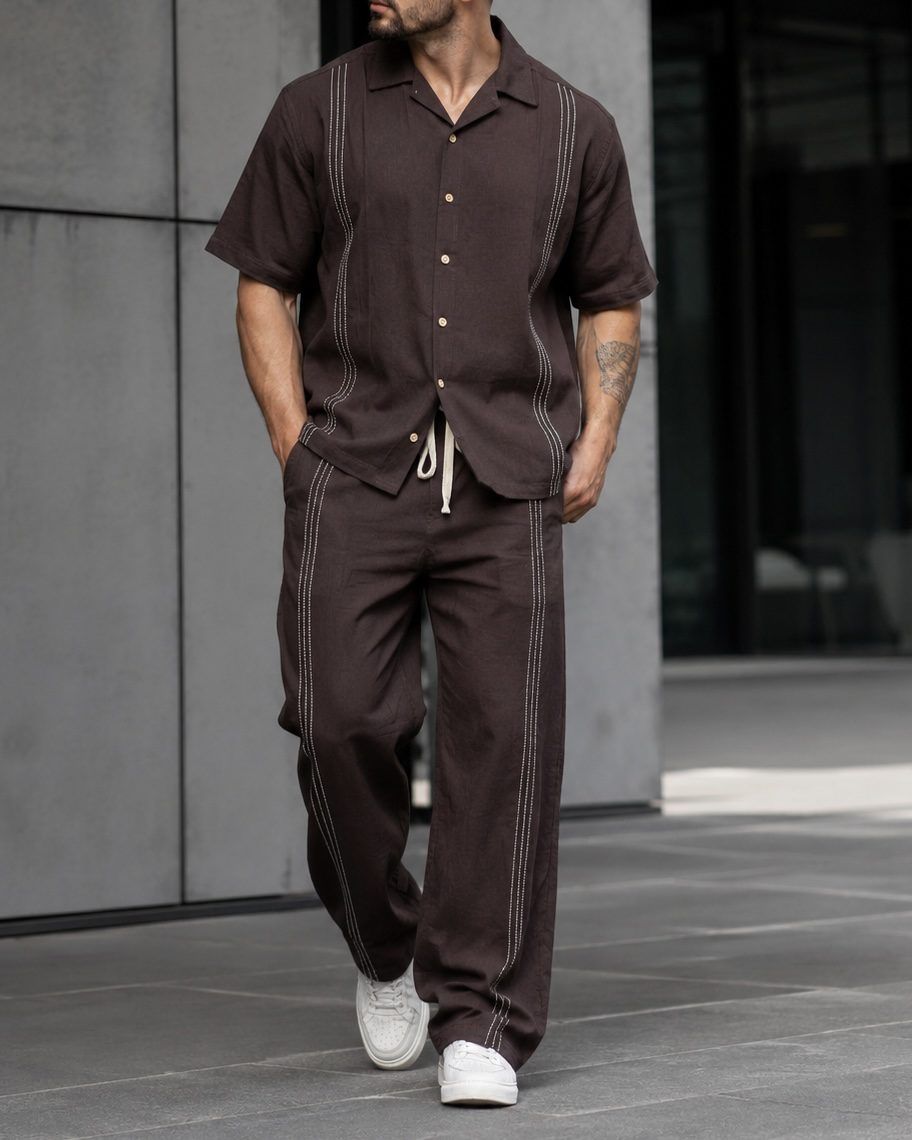 Contrast Stitch Linen Set - Brown gallery.thumbnail 4