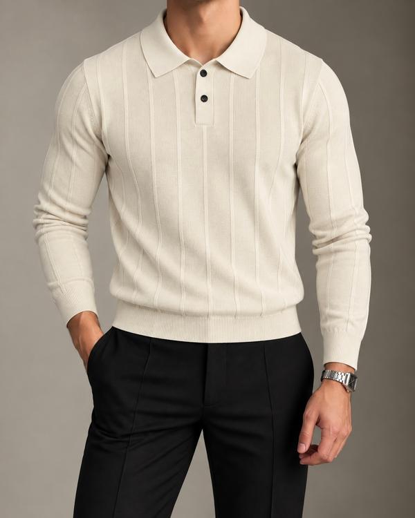 Beige Vertical Rib Knit Polo