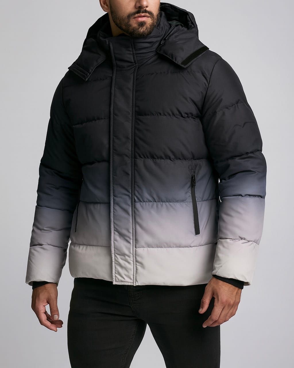 GRADIENT PUFFER JACKET – BLACK TO GREY OMBRÉ gallery.thumbnail 1