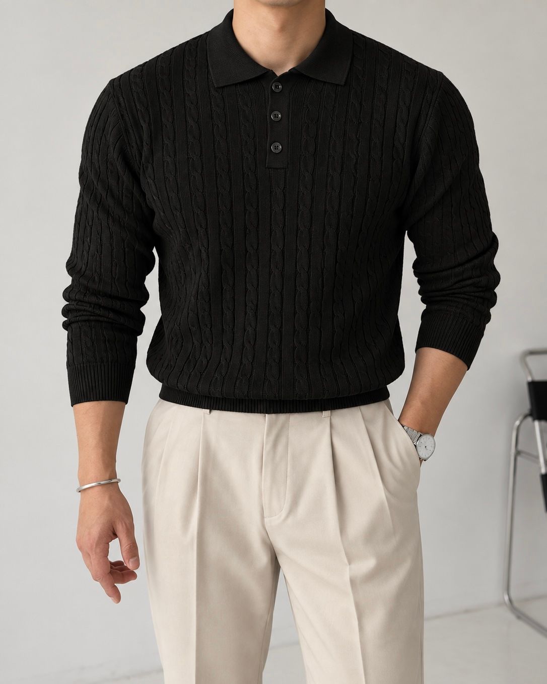 Black Textured Knit Polo gallery.thumbnail 1