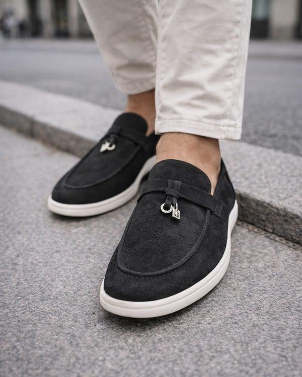 Suede Slip-On Loafers with Metal Detail – Black