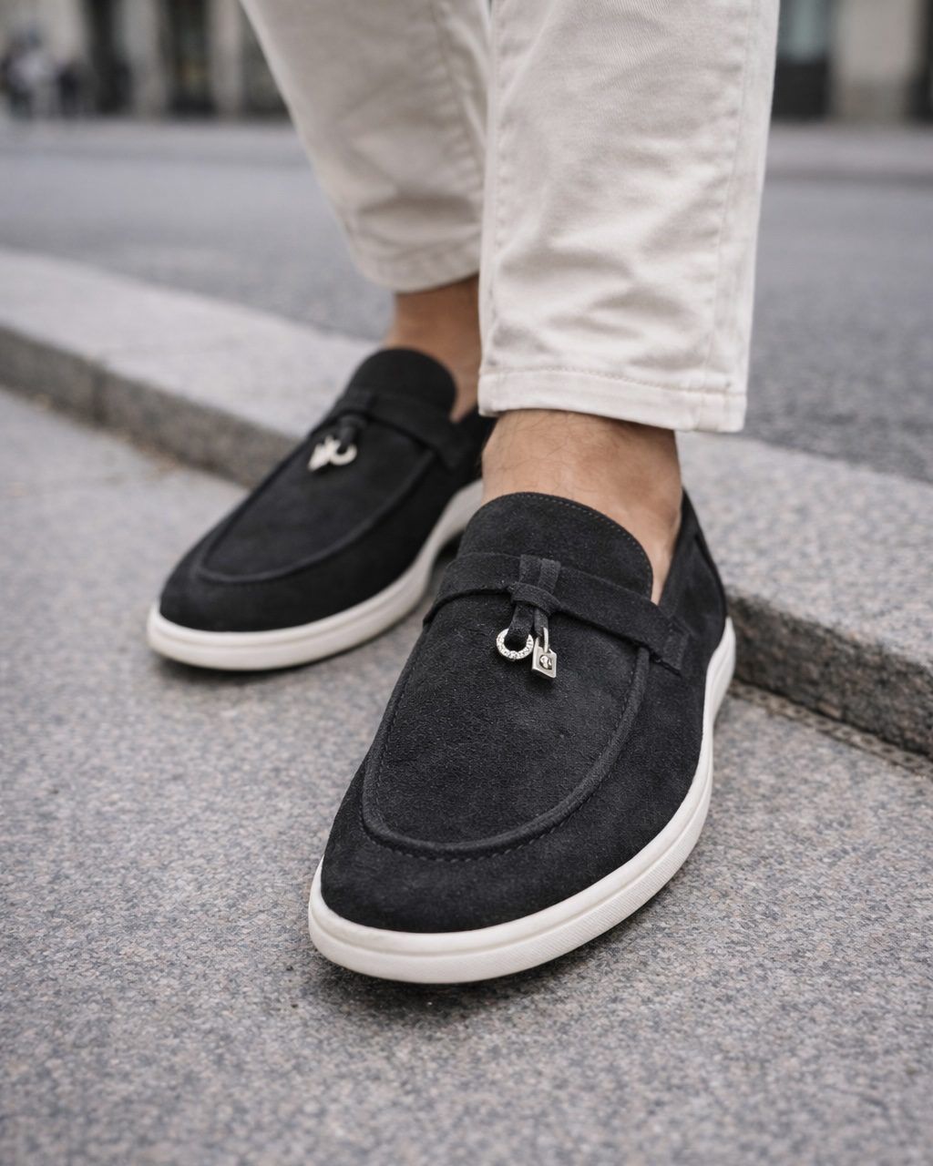Suede Slip-On Loafers with Metal Detail – Black 1