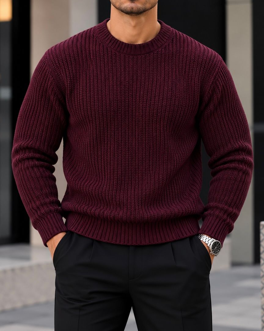 Burgundy Ribbed Crew Neck Sweater 1