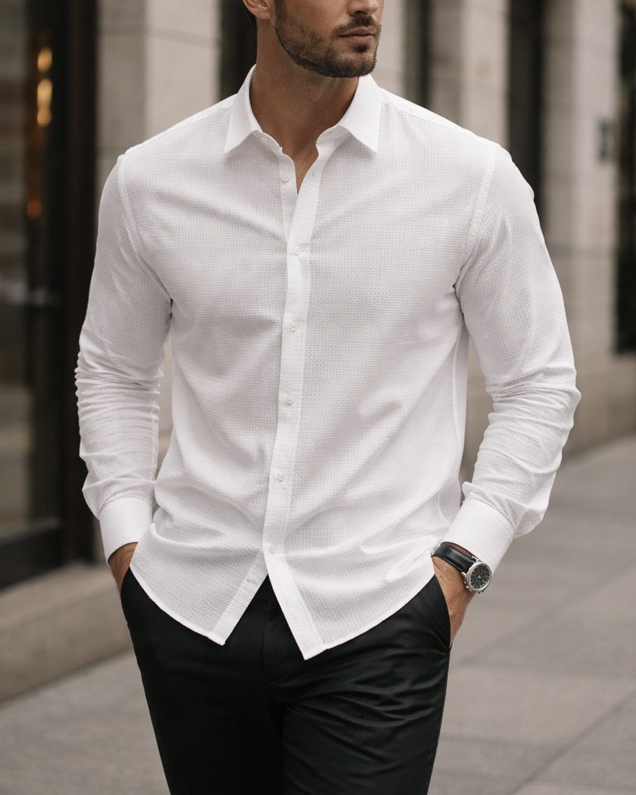 White Textured Slim Fit Shirt gallery.thumbnail 1