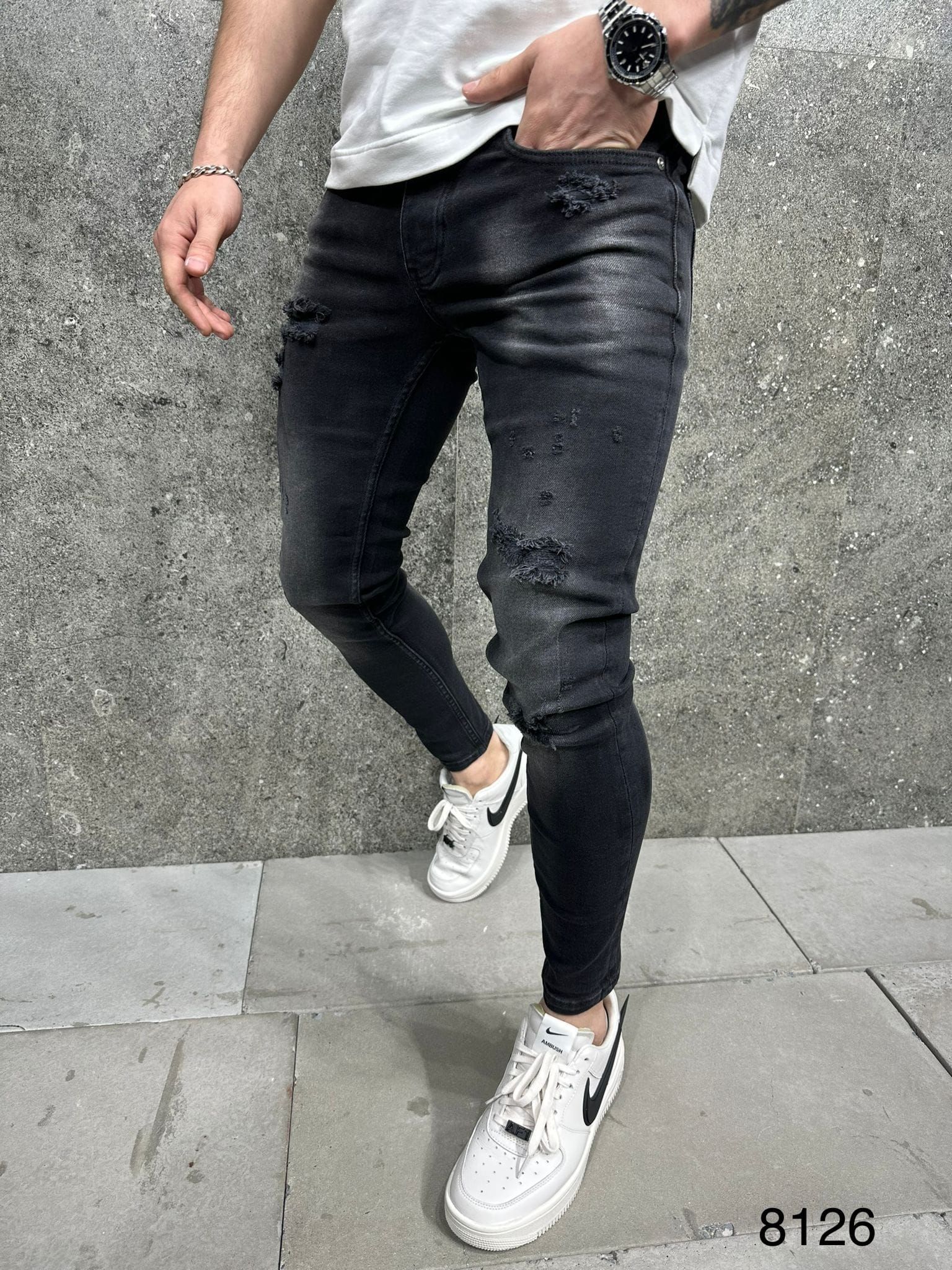 Washed Black Distressed Skinny Jeans gallery.thumbnail 2