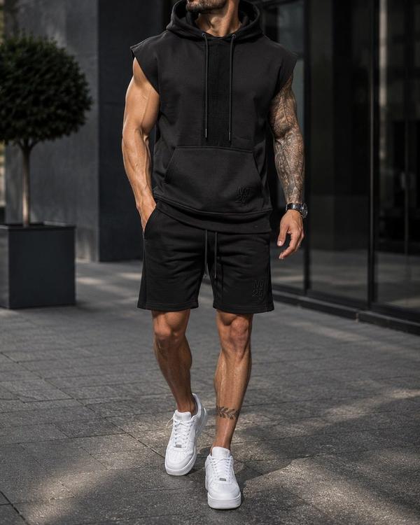 Sleeveless Hooded Shorts Set – Black