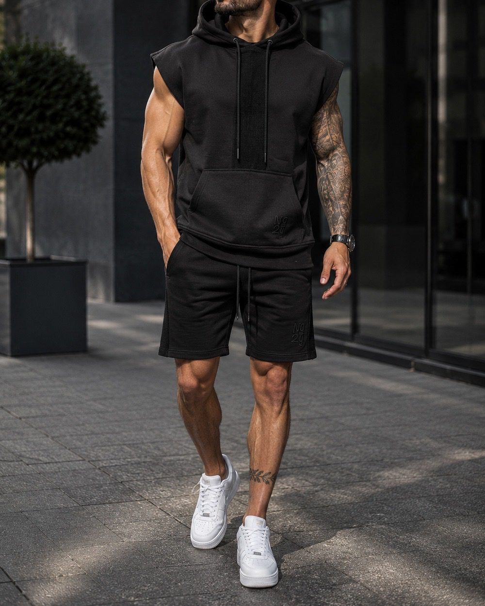Sleeveless Hooded Shorts Set – Black 1