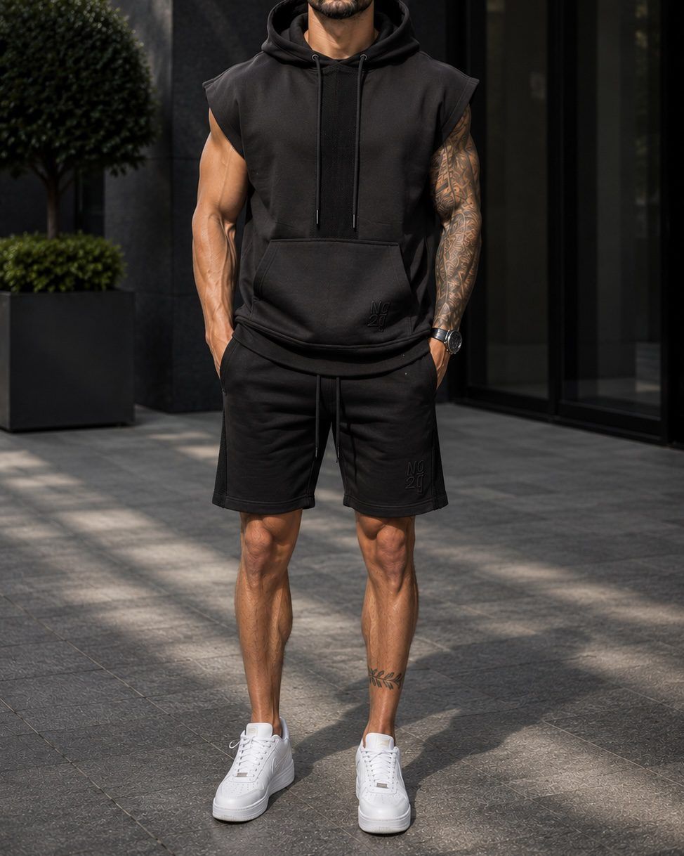 Sleeveless Hooded Shorts Set – Black gallery.thumbnail 2