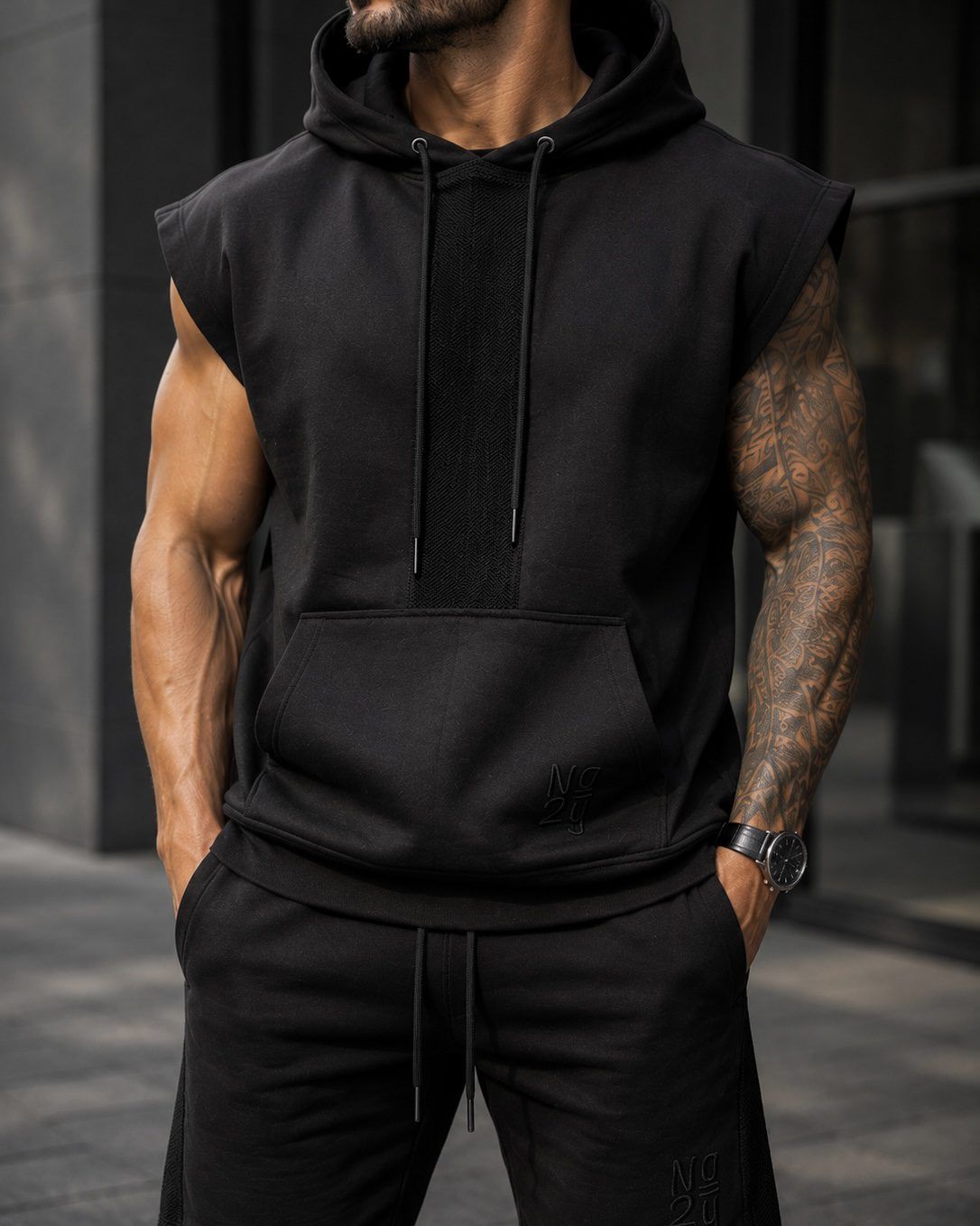 Sleeveless Hooded Shorts Set – Black gallery.thumbnail 3