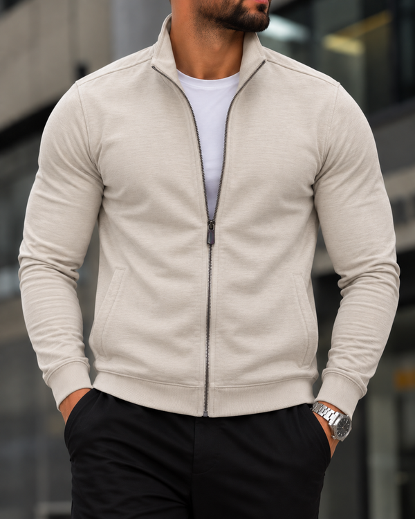 Beige Stand Collar Zip Sweatshirt