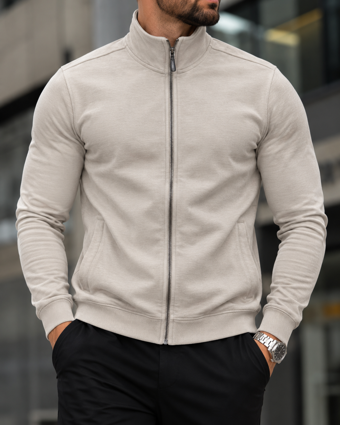 Beige Stand Collar Zip Sweatshirt gallery.thumbnail 2
