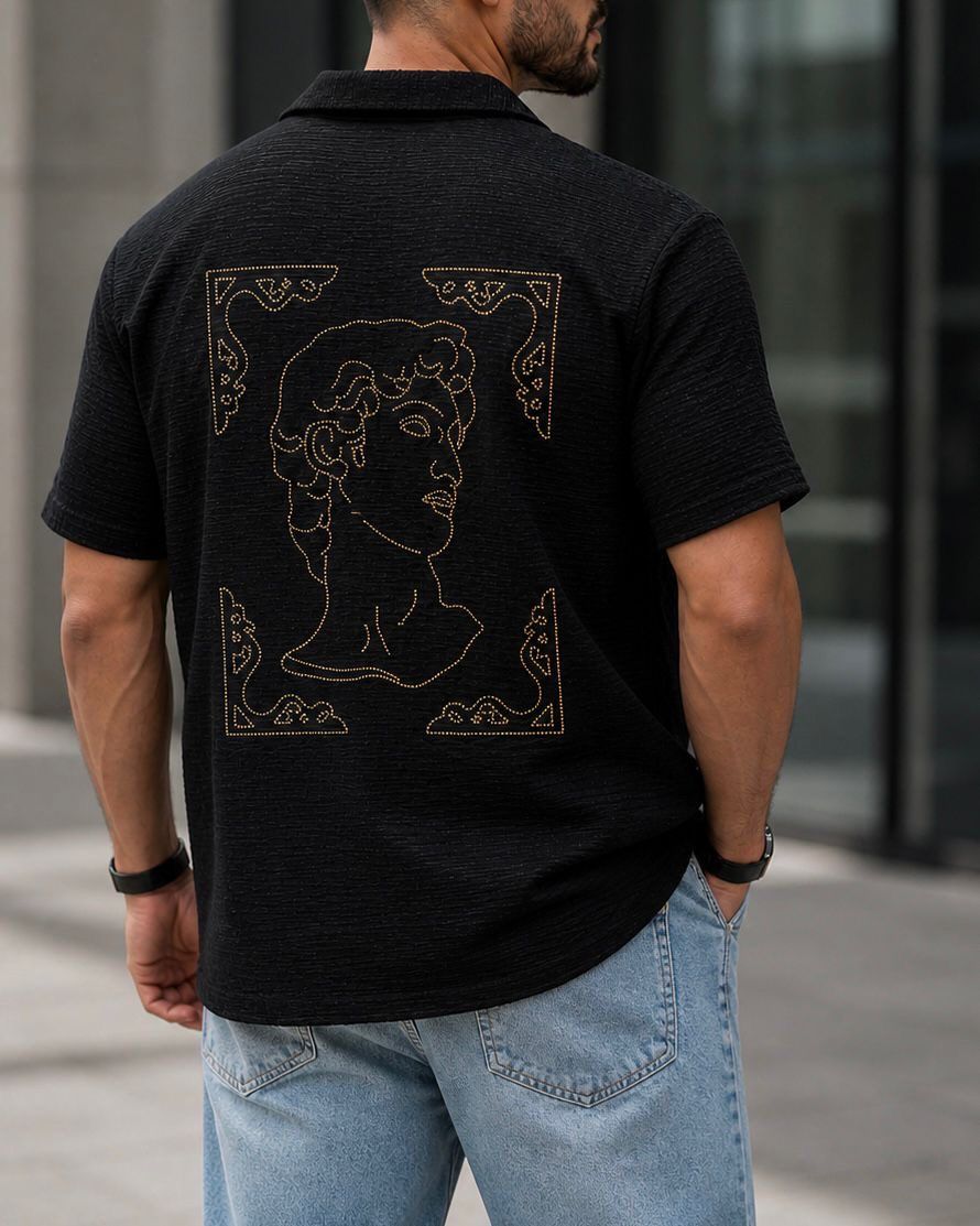 Textured Shirt with Embroidery – Black gallery.thumbnail 2