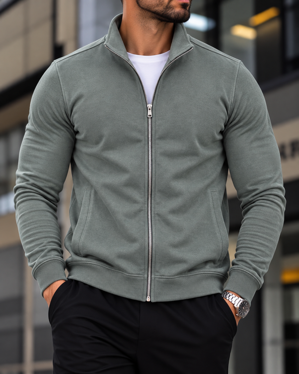 Green Stand Collar Zip Sweatshirt