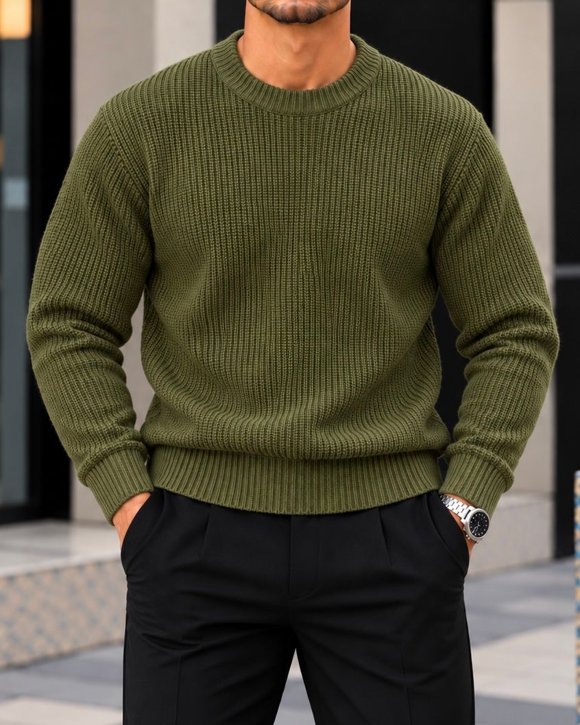 Olive Green Ribbed Crew Neck Sweater 1